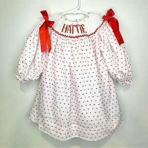 swiss dot monogrammed bishop smocked dress bow